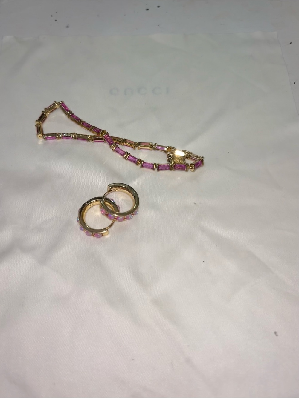 Kendra Scott Gold & Pink Baguette Tennis Bracelet and earrings set - Picture 3 of 5